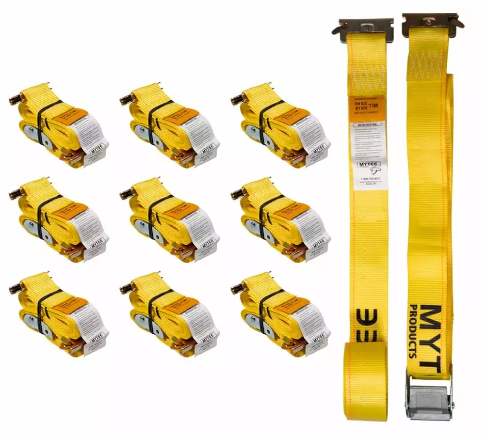 10 Pack 2''x12' Logistic E-Track Cam Buckle Straps with Spring E-Fittings - 2500 lbs Breaking Strength - Yellow Cam Buckle Cargo Load Straps for Enclosed Semi Trailers. Box Trucks