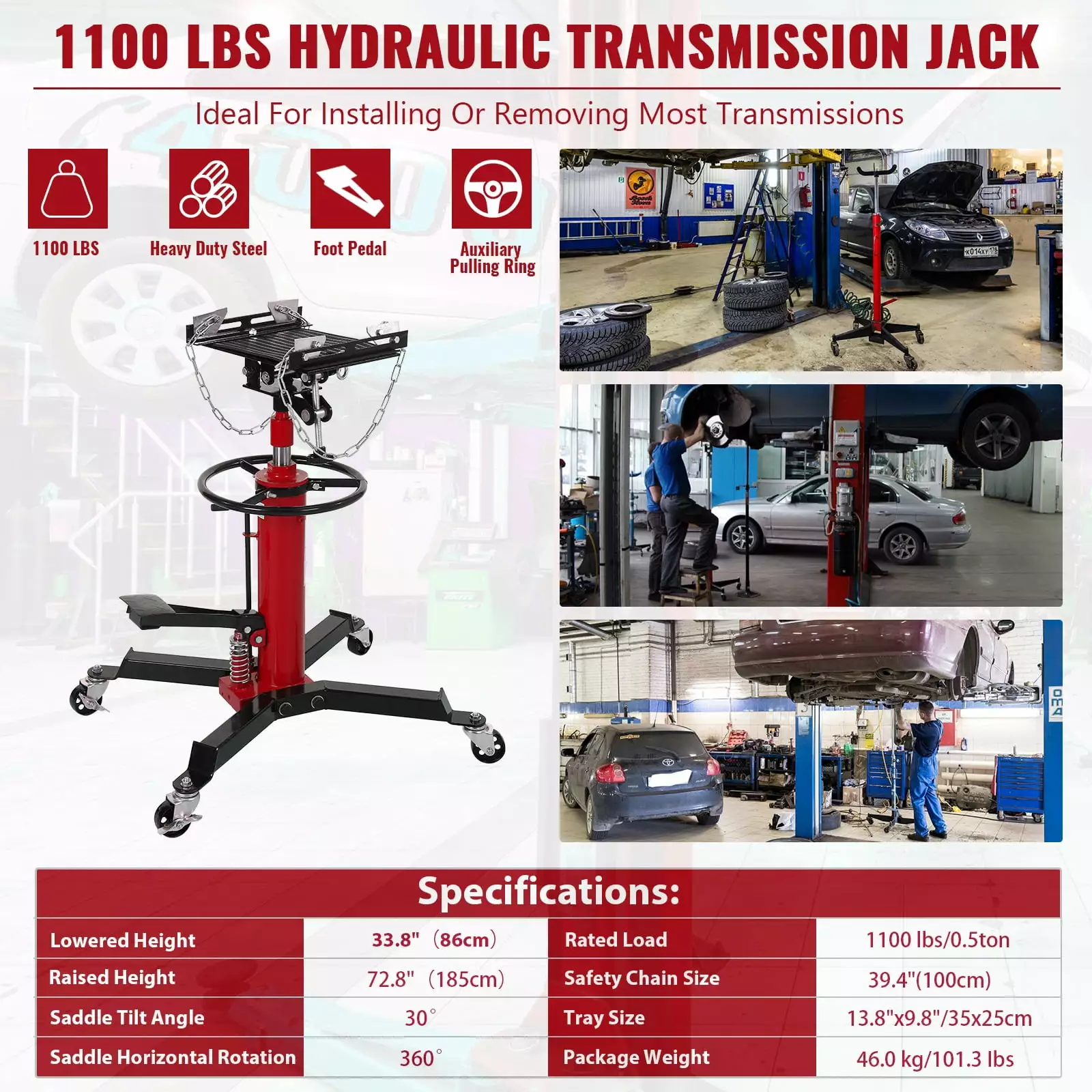 1100lbs Transmission Jack Lift with Anti-Slip Rubber Pad. Adjustable Telescoping Hydraulic Transmission Jack. High Lift Single Telescopic Jacks Hoist w/Pedal. 33.8 to 72.8 Lifting Range