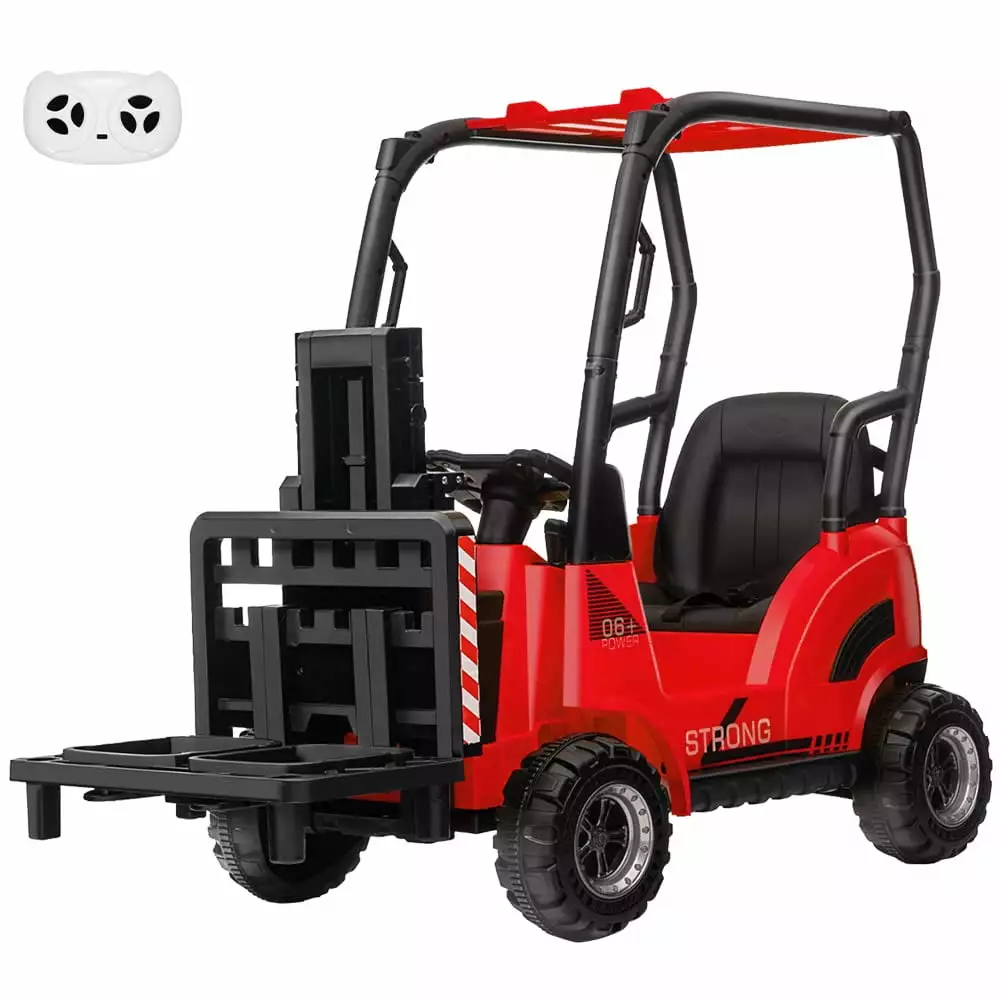 12V Kids Ride on Forklift Car with Tent. Toddles Electric Construction Car with Remote Control. Lifting Fork and Pallet. Low-Power Alarm. Music. USB and MP3 Player for Boys Girls