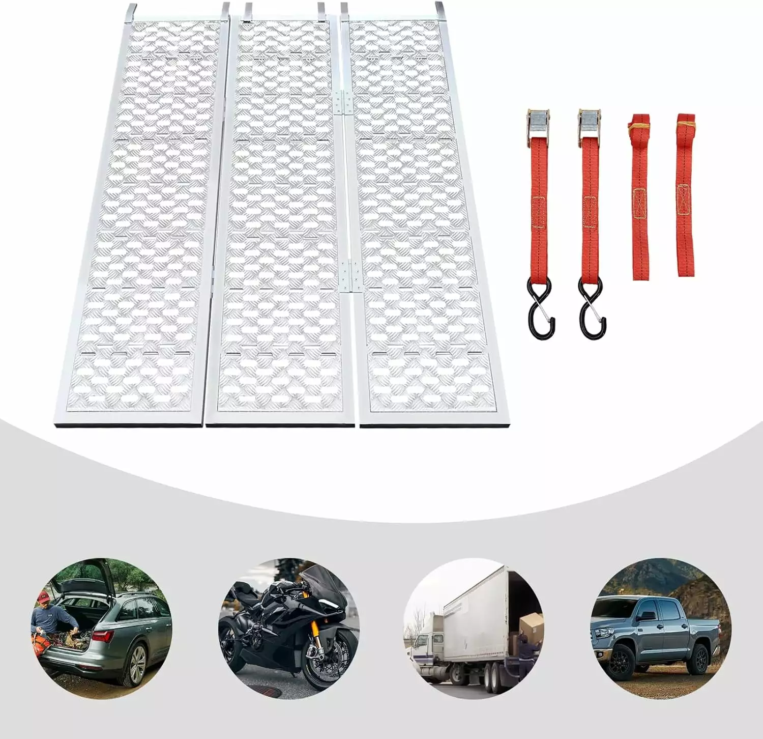 1500lbs Loading Truck Ramps. Motorcycle Ramps. Folding Ramps.Heavy Duty Aluminum Alloy Loading Ramp.Trailers Ramp with Load Straps. for ATV/Motorcycles/Trucks.Silver