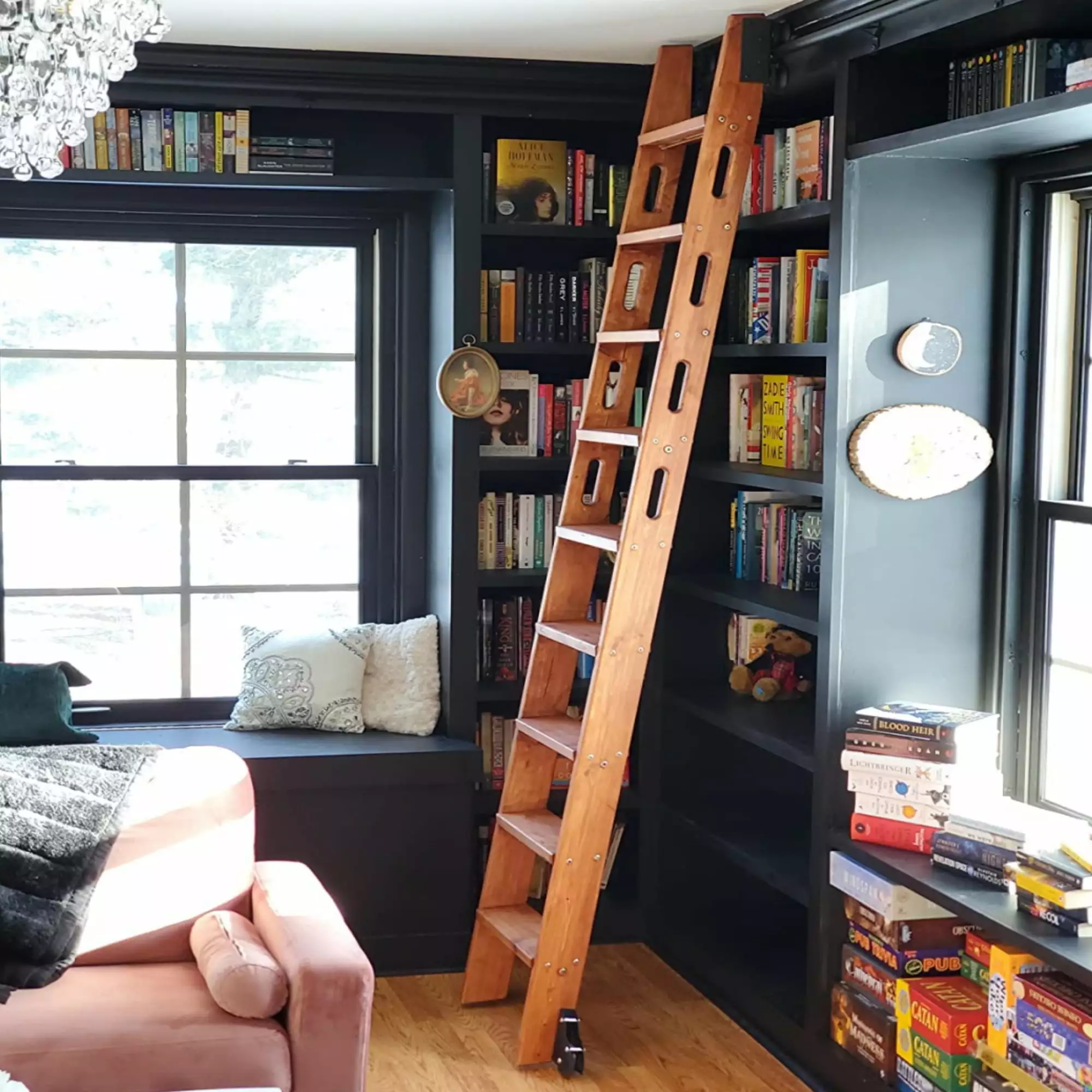 16.4FT Black Sliding Modern Living Room Home Storeroom Library Ladder Hardware Track Kit (No Ladder)