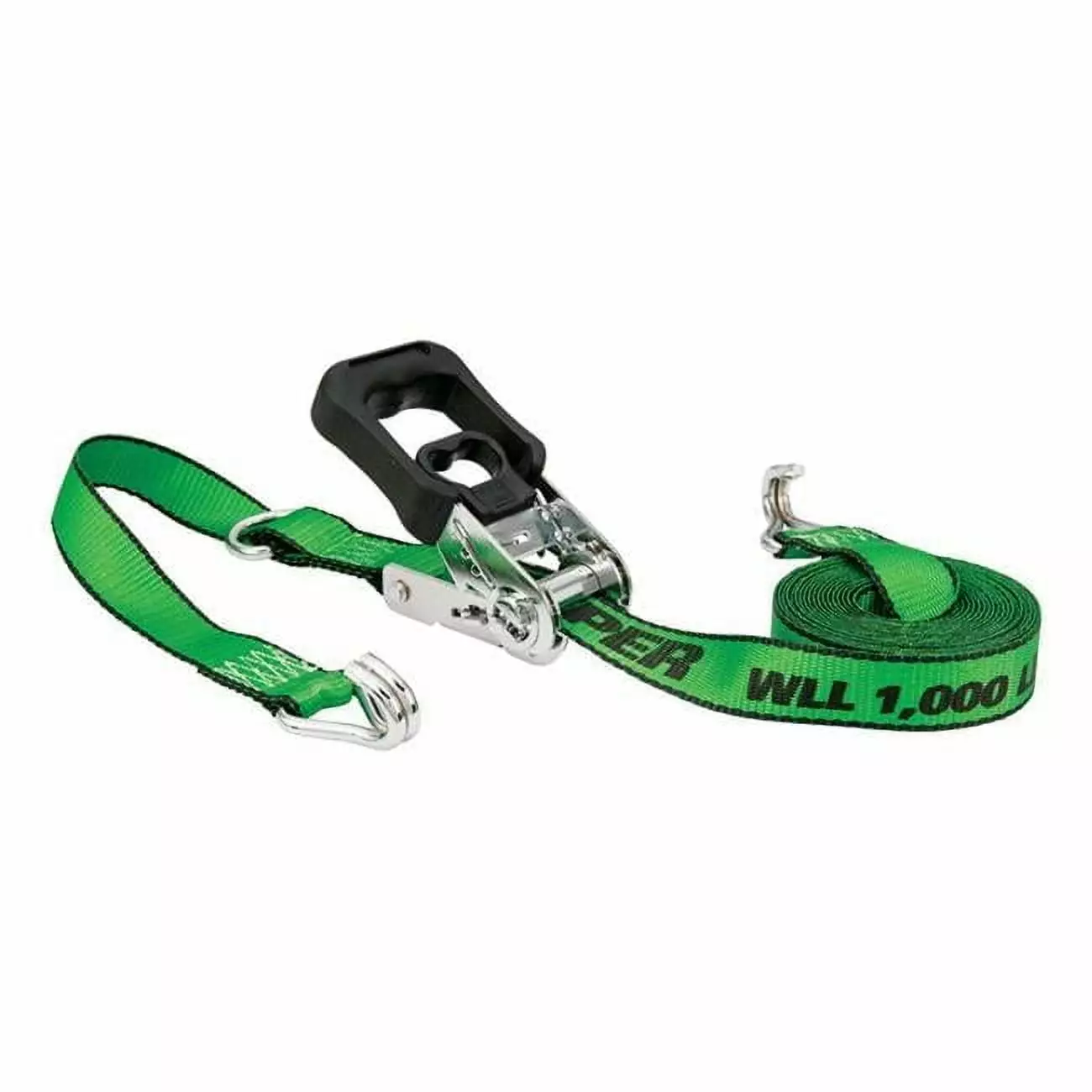 US Cargo Control. Flat Hook Ratchet Strap. Ratchet Tie Down. 2 Inch Width X 30 Foot Length. Green Ratchet Strap With Black Flat Hook. Weather Resistant Strap. 3.333 Pound Working Load Limit