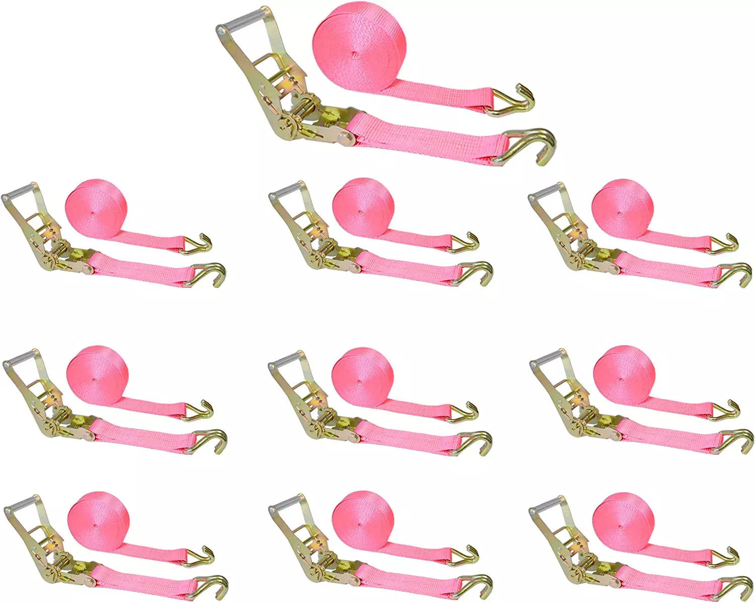 Mega Cargo Control USA 10 Pack Heavy Duty 2 x 30' Ratchet Tie Down Strap W/ Wire J Hook WLL: 3333 lbs Pink