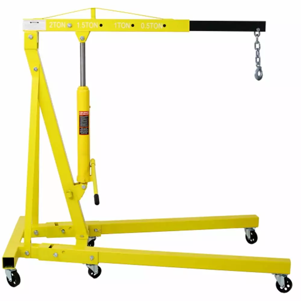 2 Ton Folding Engine Hoist Cherry Picker Shop Crane Hoist Lift. Heavy Duty Steel with 6 Iron Caster Wheels - Yellow