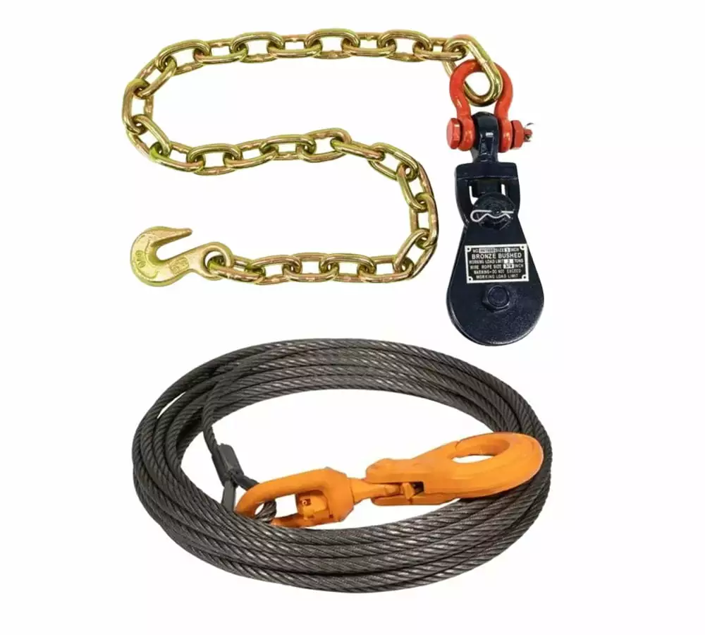 2 Ton Snatch Block with Chain for Car Carrier Cable & 3/8x75' Winch Cable Steel Core Rope for Wrecker Tow Truck Rollback Recovery Self Locking. 14.400 lbs Breaking Strength