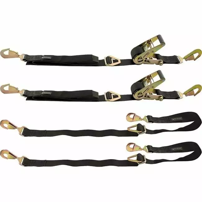 Tie 4 Safe 2 in. x 10 ft. Car Tie Downs with J-Hooks - Ratchet Buckle & Tire Grip - Yellow - 4 Piece