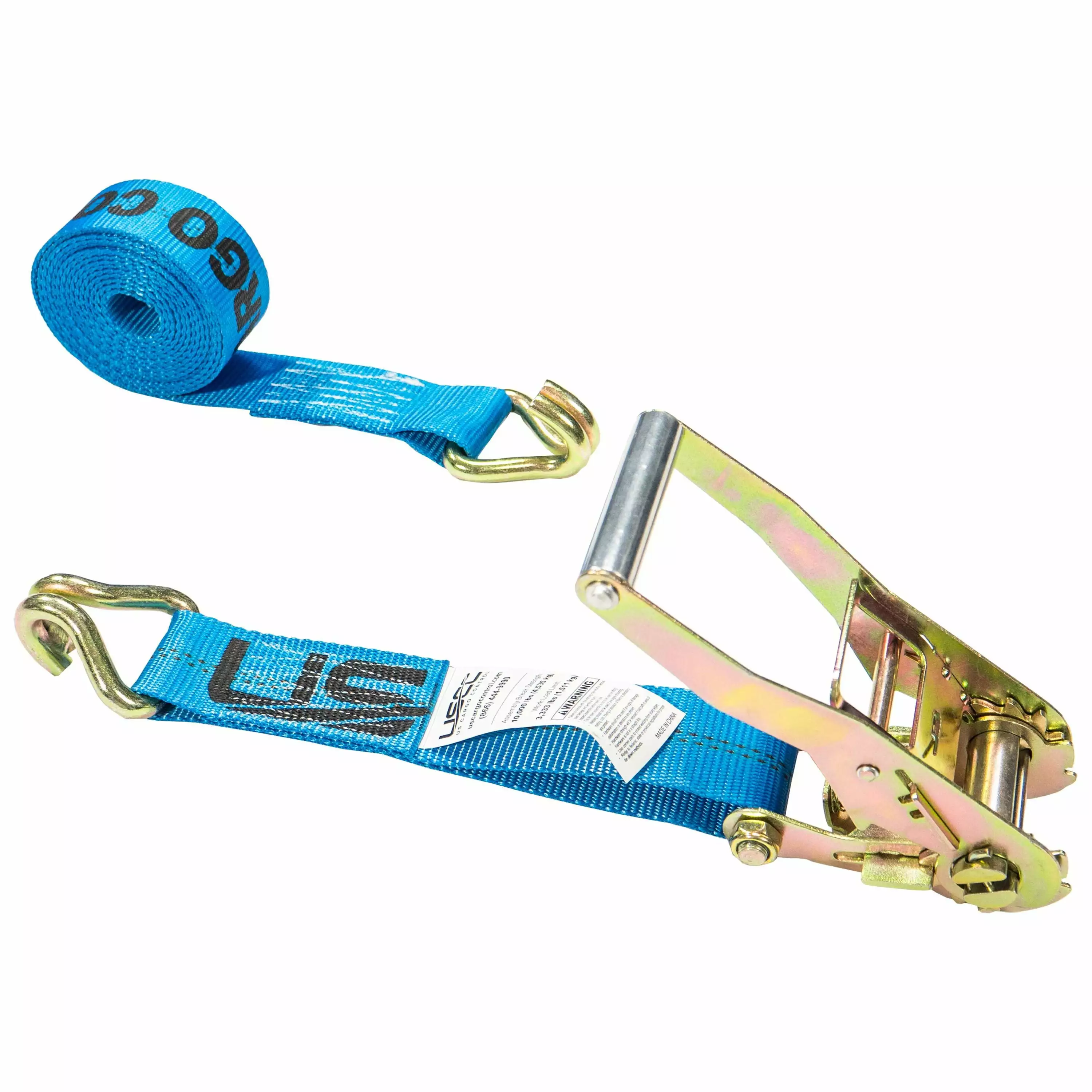 US Cargo Control. Ratchet Strap Tie Downs. J Hook End Fittings With Floating D Ring. 1 Inch Wide X 10 Foot Long. Dependable Cargo Securement. Blue Ratcheting Cargo Tie Down J Hook Straps. 2 Pack