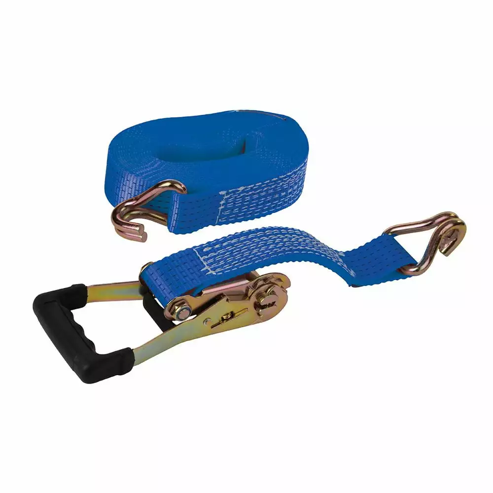 Silverline - Rubber-Handled Ratchet Tie Down Strap J-Hook - 8m x 50mm - Rated 1700kg Capacity 3400kg