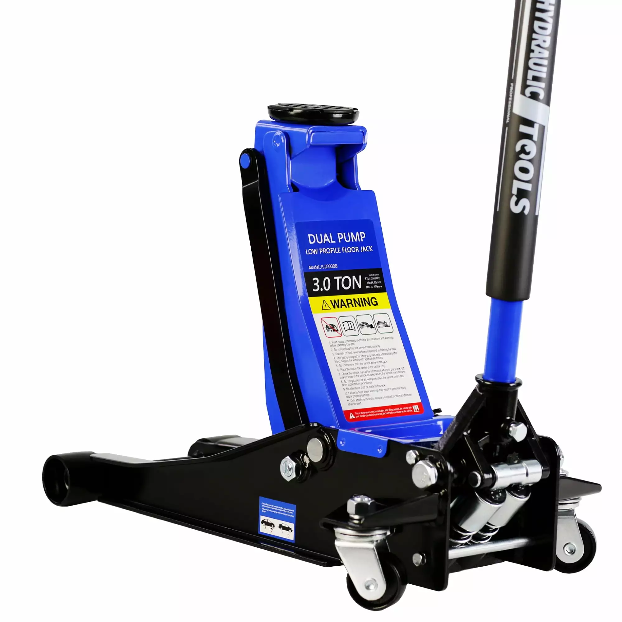 3-Ton (6600 lb) Hydraulic Low Profile Steel Racing Floor Jack with Dual Piston Quick Lift Pump. Blue. Lifting Range 3.3-18.5