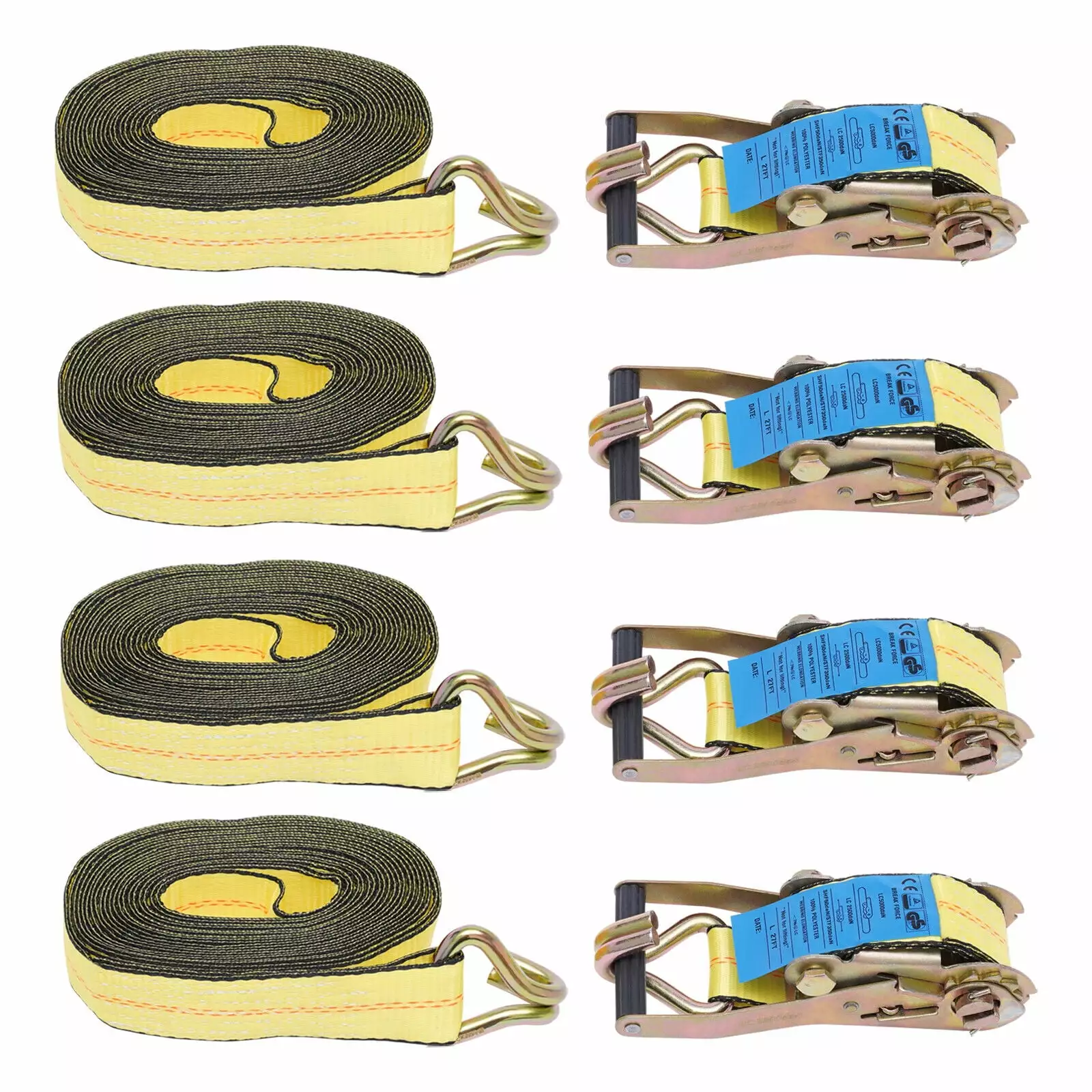 4 Pack 2 inch x 27' Ft Ratchet Straps Double J Hook Tie Down Cargo 11000lbs Yellow