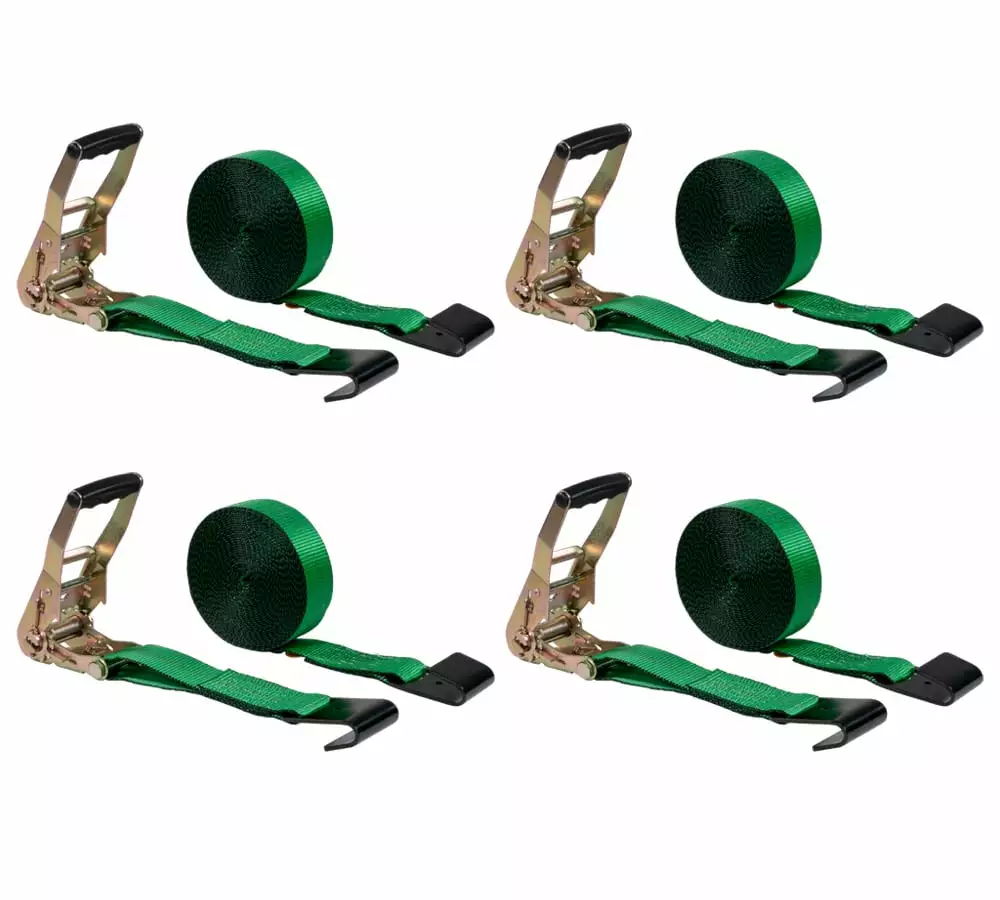 4 Pack 2x30' Green Ratchet Straps with Flat Hooks - 3.333 Lbs WLL - High Visibility Heavy Duty Tie Down Ratchet Straps for Flatbed. Truck. Trailers. Cargo. Pickup