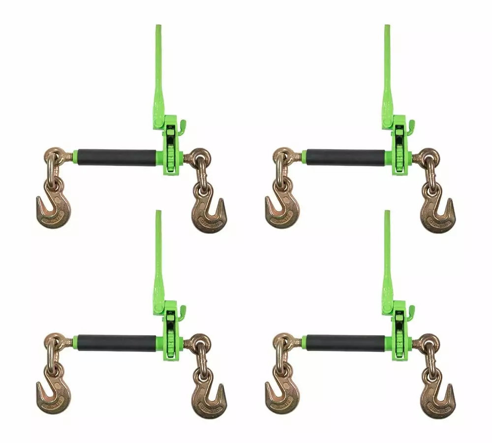 4 Pack 3/8-1/2 Hi-Viz Green Heavy Duty Folding Handle Ratchet Load Binder w/ Grab Hook 12.000 lbs WLL | Tie Down Hauling Chain Binders for Flatbed Truck Trailer