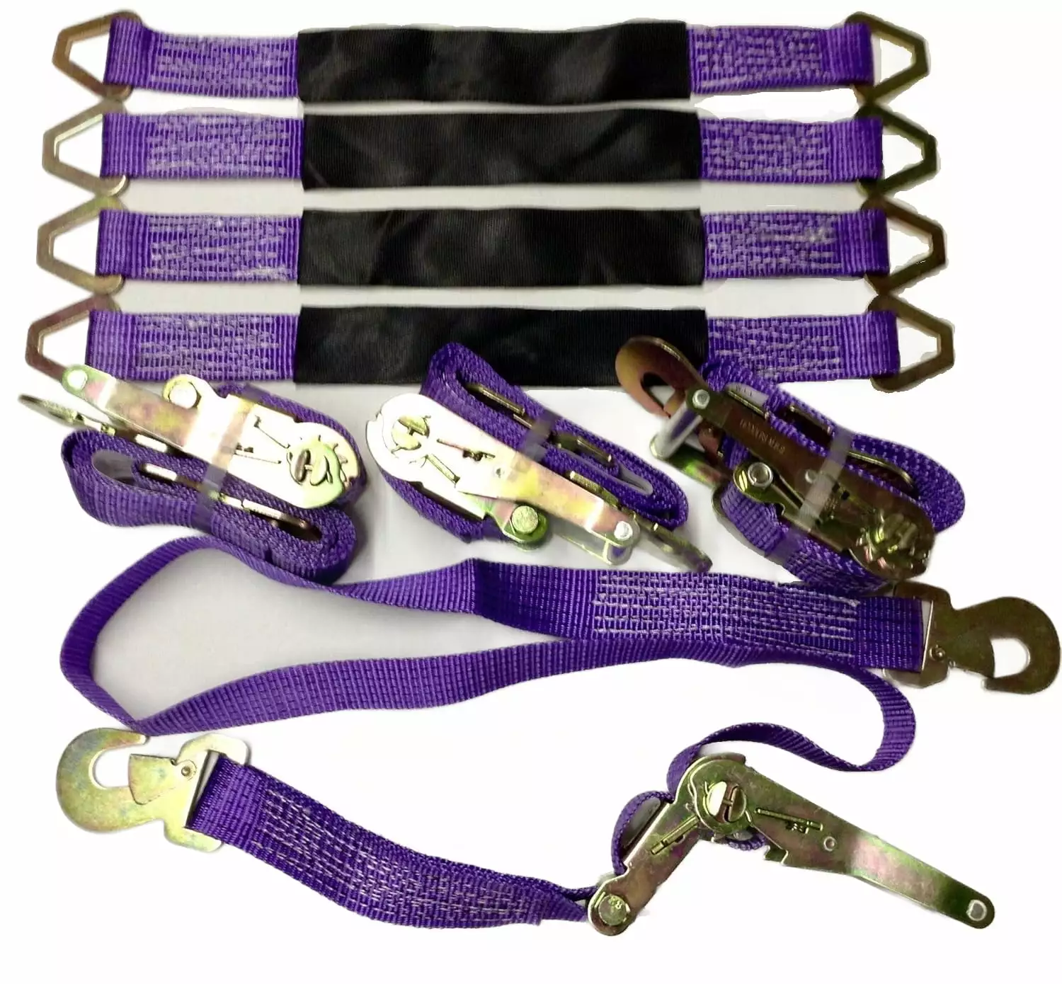 4 Ratchets Straps Car Hauler Trailer Auto Tie Down and 4 Axle Straps Tow Kit Purple - 8pc Set