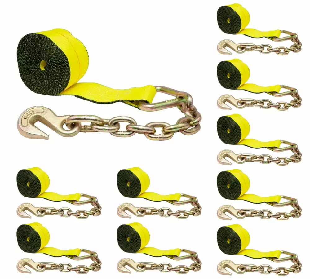 4x30' Winch Straps w/chain. Flatbed tie down straps WLL 5400 lbs (10 Pack)