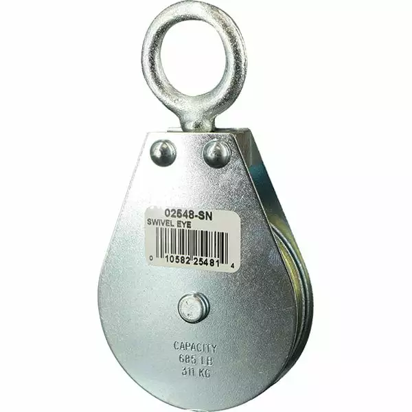 Block Division 685 Lbs. Load Limit. Swivel Eye Snatch Block Single Sheave. 2-1/2 Outside Diameter. Wire Rope. 1/4 Diameter. Eye. 7/8 Inside Diameter. Carbon Steel. Zinc Plated Finish