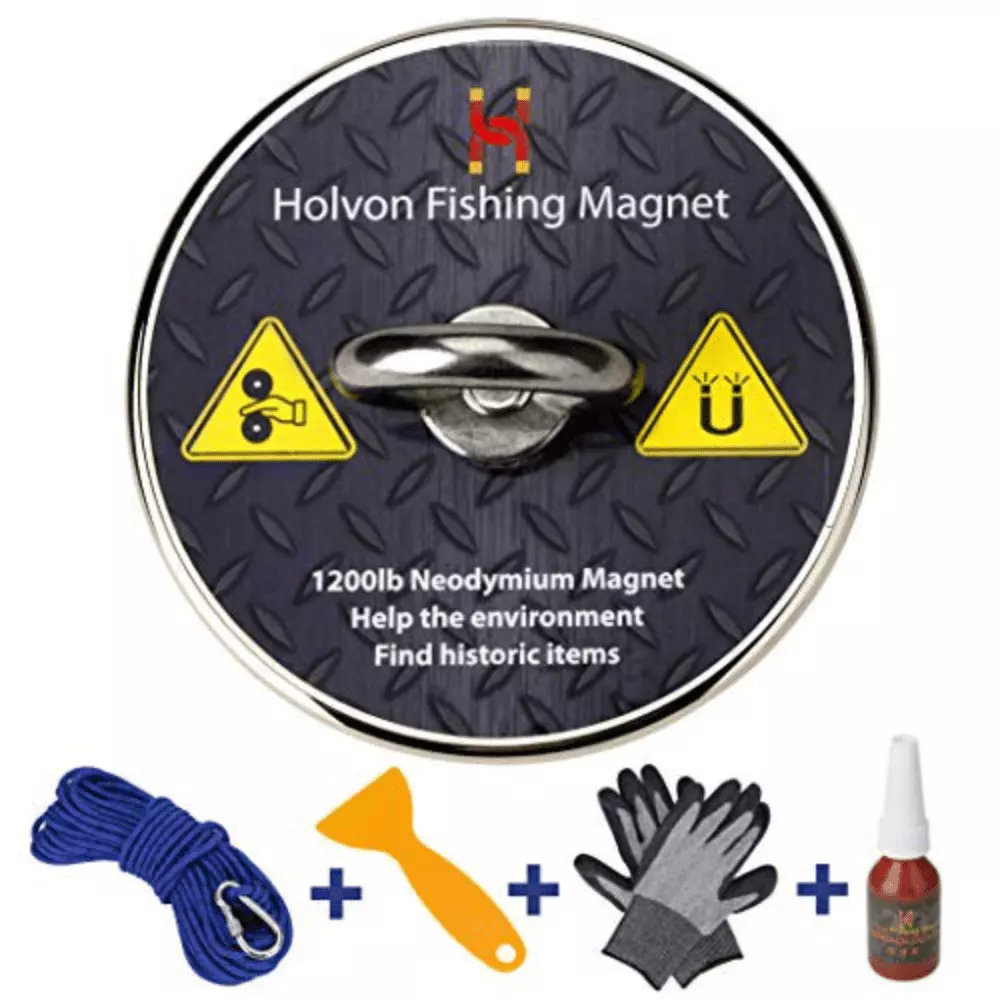 Holvon Fishing Magnet Kit 1200LB Capacity 65FT 1/2 Nylon Rope. Sturdy Carabiner. Waterproof Gloves