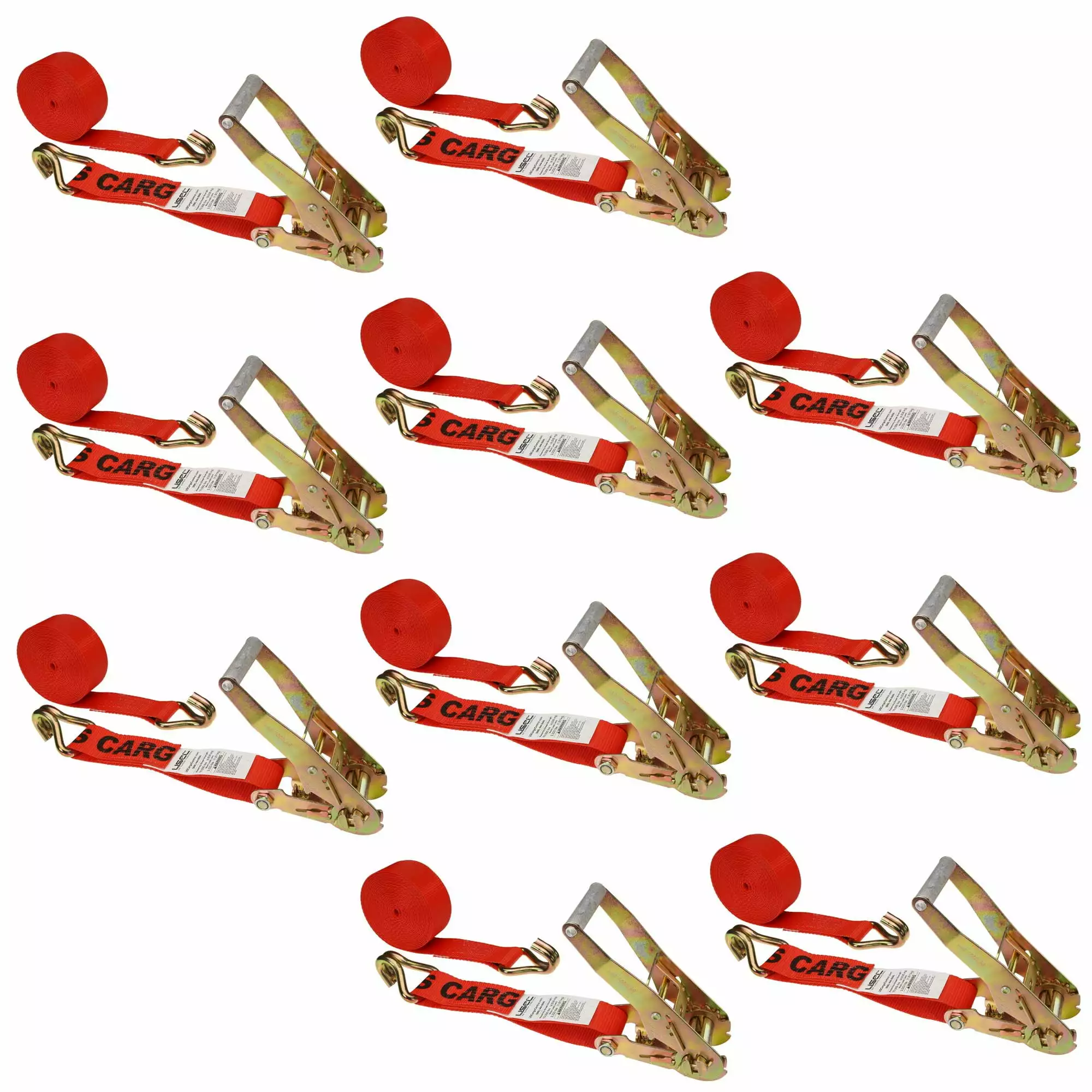 2 x 30' Red Ratchet Strap w/ Double J Hook - 10 Pack