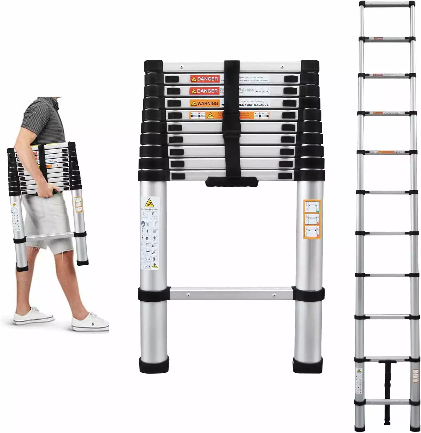 Telescoping Ladder. 10 FT Aluminum Telescopic Ladder Extension Collapsible Ladder for RV. Multi-Purpose Folding Ladder Roof Ladder Attic Ladder. Heavy Duty 330lbs Max Capacity Outdoor Work Ladder