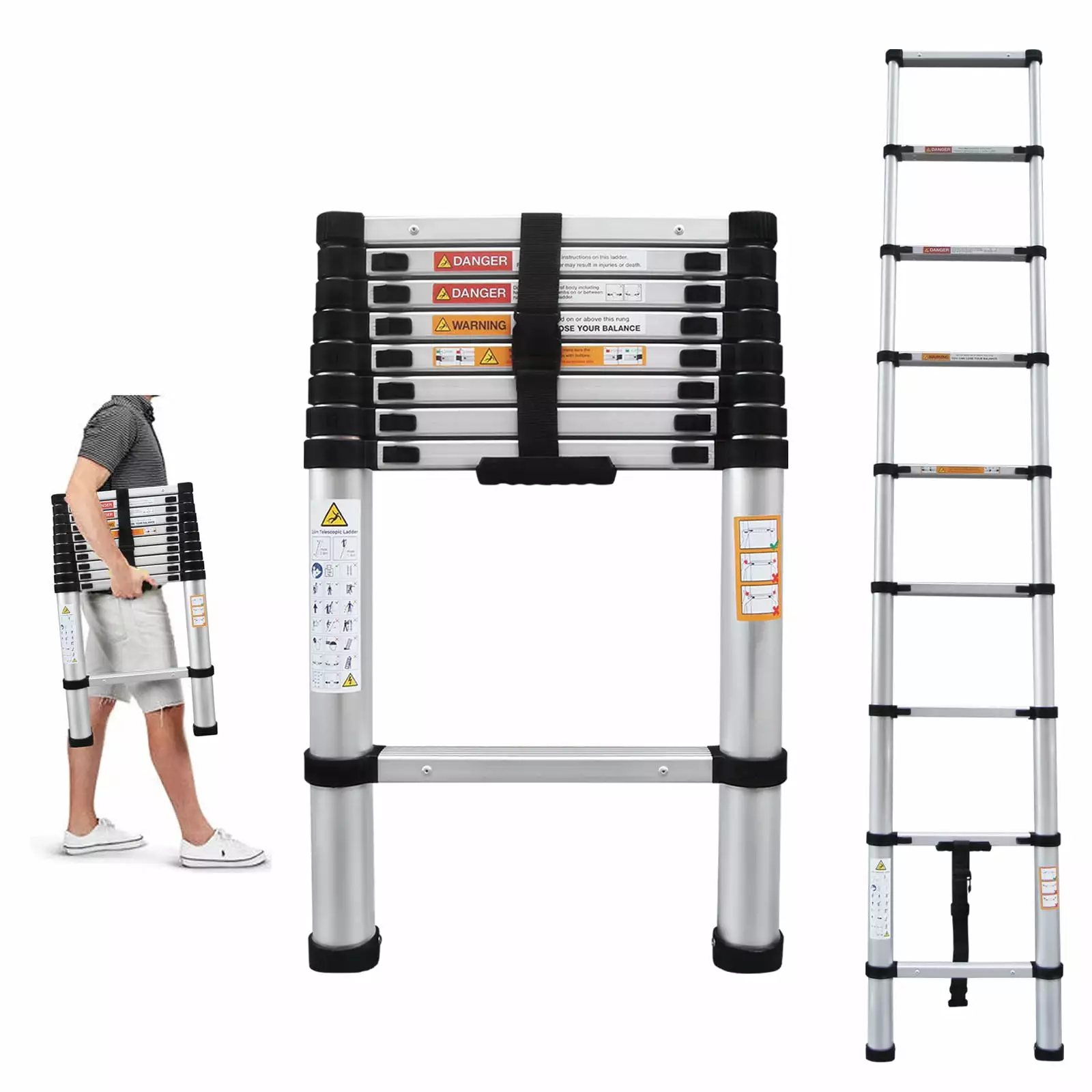 8.5FT Extension Ladder Aluminum Telescoping Folding Ladder 8 Steps. Adjustable Height. 330lbs Load Capacity. Portable Collapsible Ladder for Home Office DIY Projects RV Roof Repairing. EN131