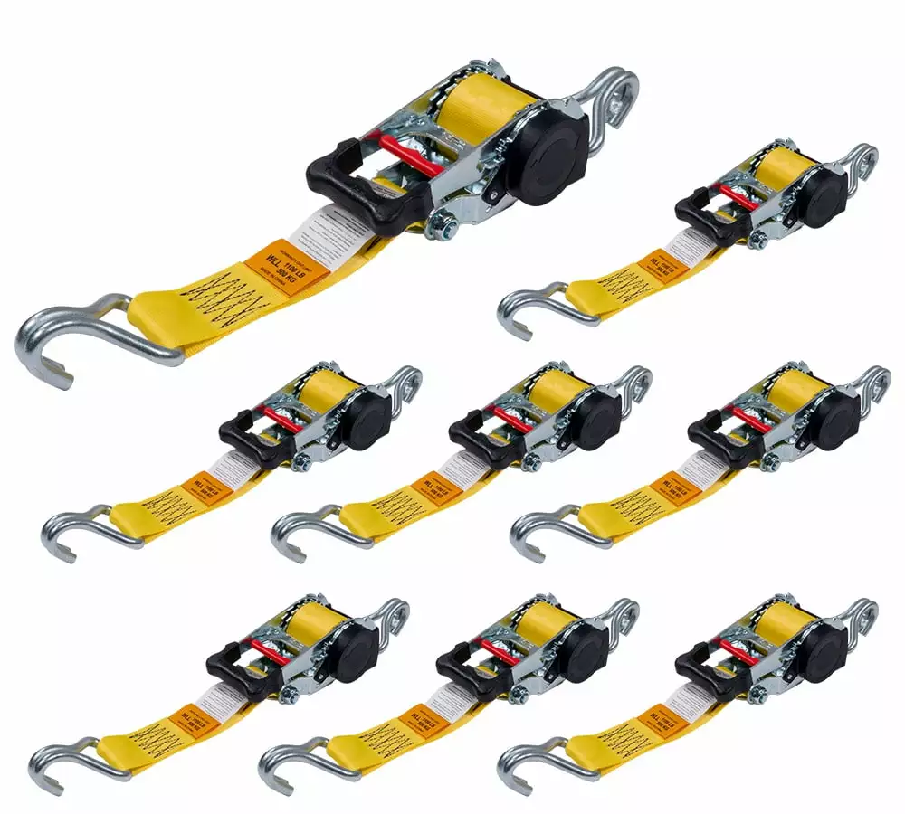 8 Pack 2 x 10' Retractable Ratchet Straps with Double J-Hook - 3.300 lbs Breaking Strength - Yellow Auto Retract Ratchet Tie Down Strap for Motorcycles. ATVs. Bikes. Boat Trailer