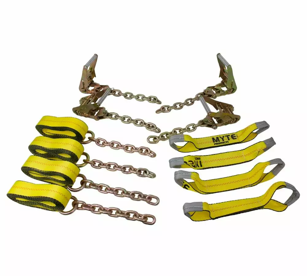 8 Point Roll Back Vehicle Tie Down Kit with Chain Extension on Both Ends - 18 FT Straps. Ratchet Handles - Working Load Limit 3333 LB - Tow Truck Straps Car Hauler Tie Down System