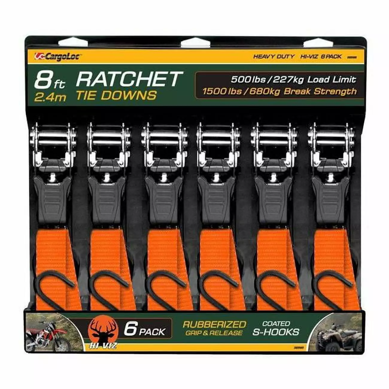 8 ft. 1500 lbs Ratchet Tie Down Straps S-Hook. Hi-Viz Camo - 6 Piece