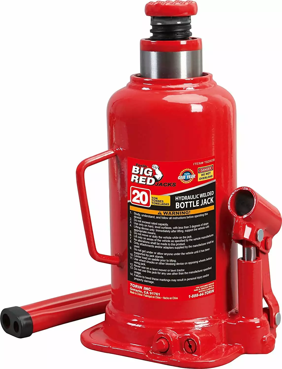 HPDAVV 20 Ton (40.000 lb) Capacity Hydraulic Welded Bottle Jack. Red