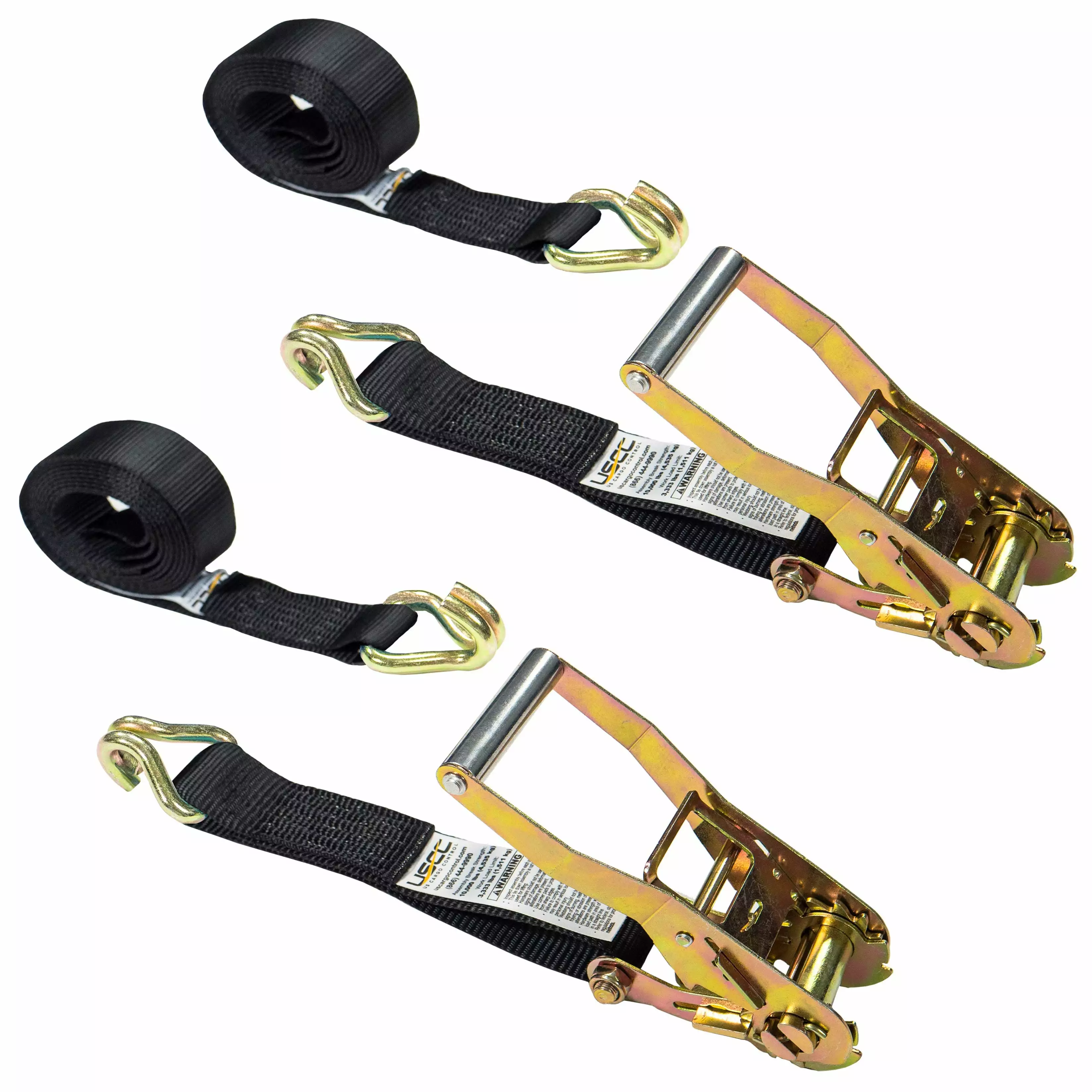 US Cargo Control. Flat Hook Ratchet Strap. Ratchet Strap Tie Downs. 2 Inch Wide X 18 Foot Long. Yellow Ratchet Straps With Black Flat Hook. 3.333 Pound Working Load Limit. 2 Pack