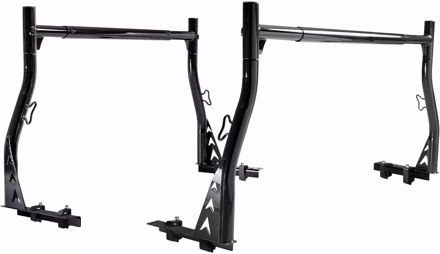 AA-Racks Model X33 Low-Profile Pickup Truck Ladder Racks with (8) Non-Drilling C-Clamps Steel Utiity Two-bar Set - Matte Black