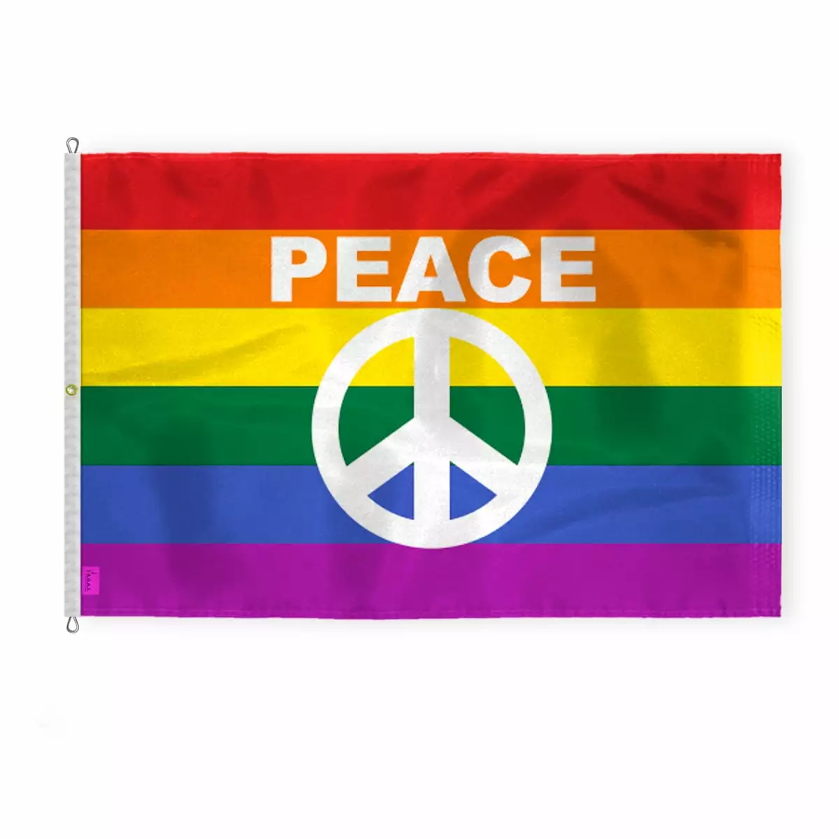 AGAS Large Rainbow Peace Sign Pride Flag 8x12 Ft - Printed 200D Nylon - Rope Thimble Brass Grommet Stitched Edges Fade Proof Sharp Colors - Large Size Indoor/Outdoor Peace Symbol Pride flag