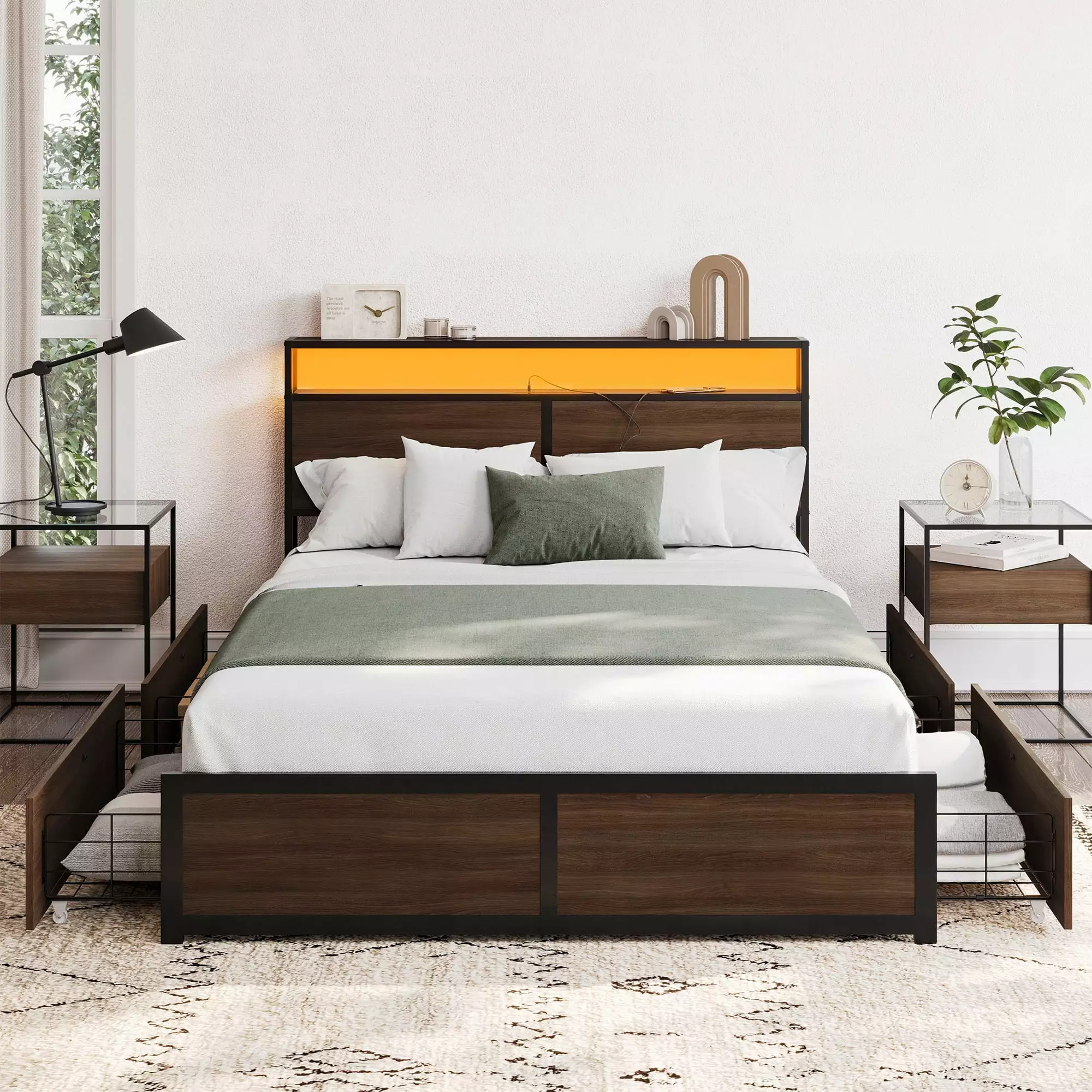 BELLEZE Full Size Bed Frame with Storage Headboard and 4 Drawers Under Bed. Sturdy Metal Platform Bed with Remote Control RGB LED Light and Ultra-Fast USB Type A/C Outlet. No Box Spring Needed-Brown