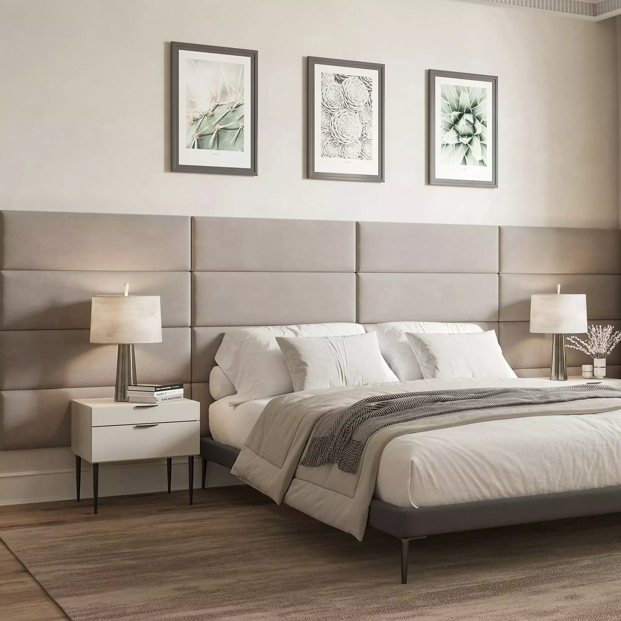 BELLEZE Upholstered Modern Light Brown Headboard Panels Fits a Twin. Double. Queen. King Bed Frame. 38 x 11.5 - Configuration of 12 Individual Panels