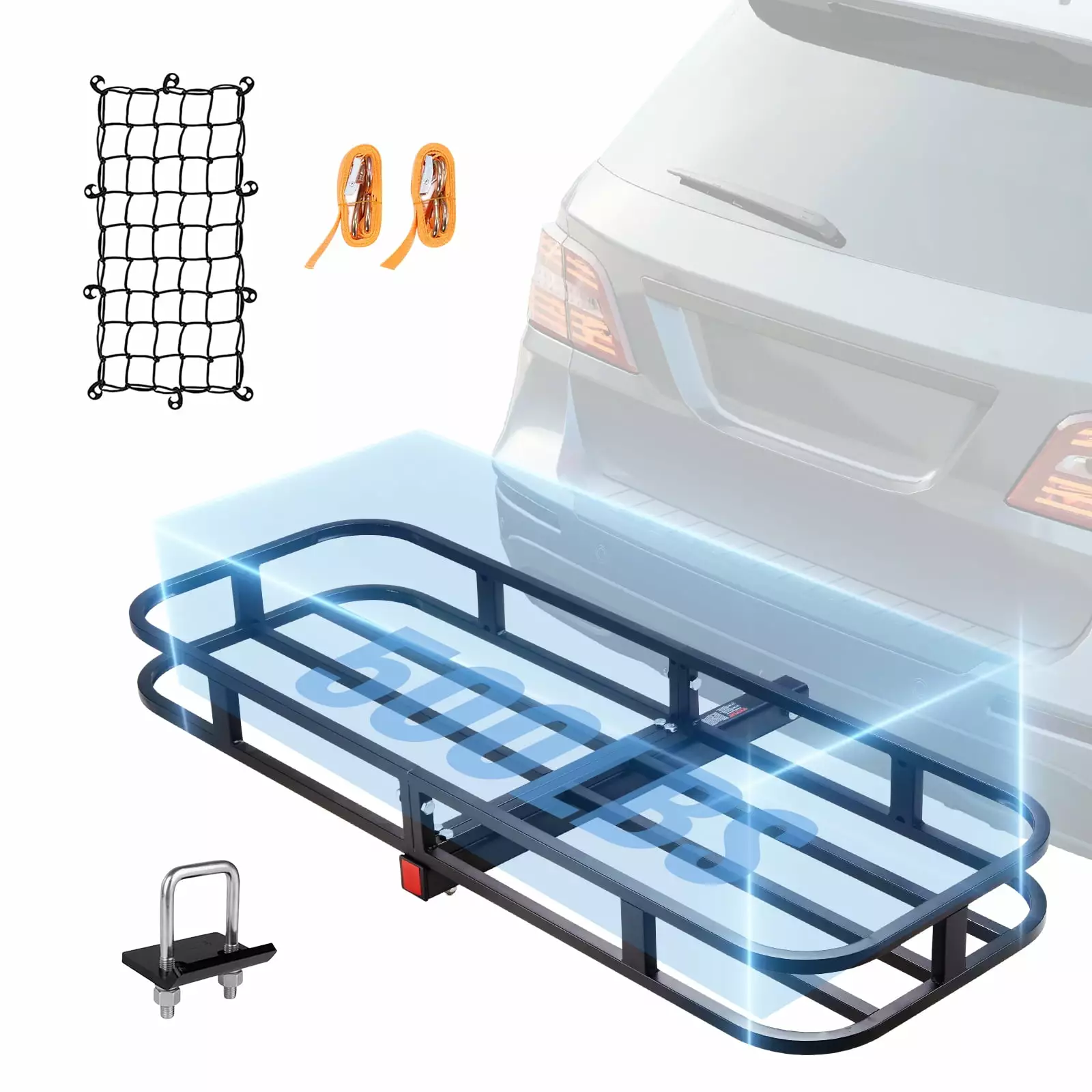 VEVOR Hitch Mount Cargo Carrier 53x19x5 in 500lb & Cargo Net Fits 2 Receiver