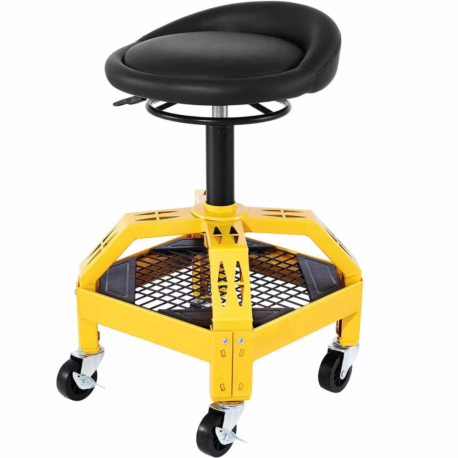 BENTISM Rolling Garage Stool. 300lbs Capacity. Adjustable Height from 24 in to 28.7 in. Mechanic Seat with 360-degree Swivel Wheels and Tool Tray. for Workshop. Auto Repair Shop. Yellow