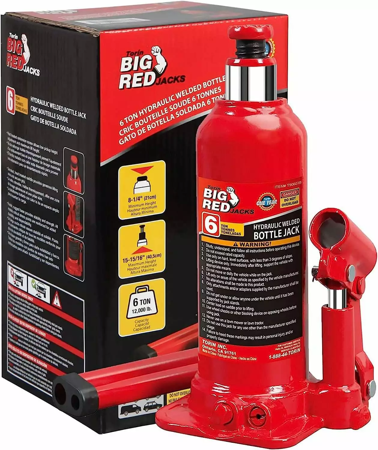 BIG RED Pneumatic Air Hydraulic Bottle Jack with Manual Hand Pump. 12 Ton (24.000 lb) Capacity.Red.DMT91206