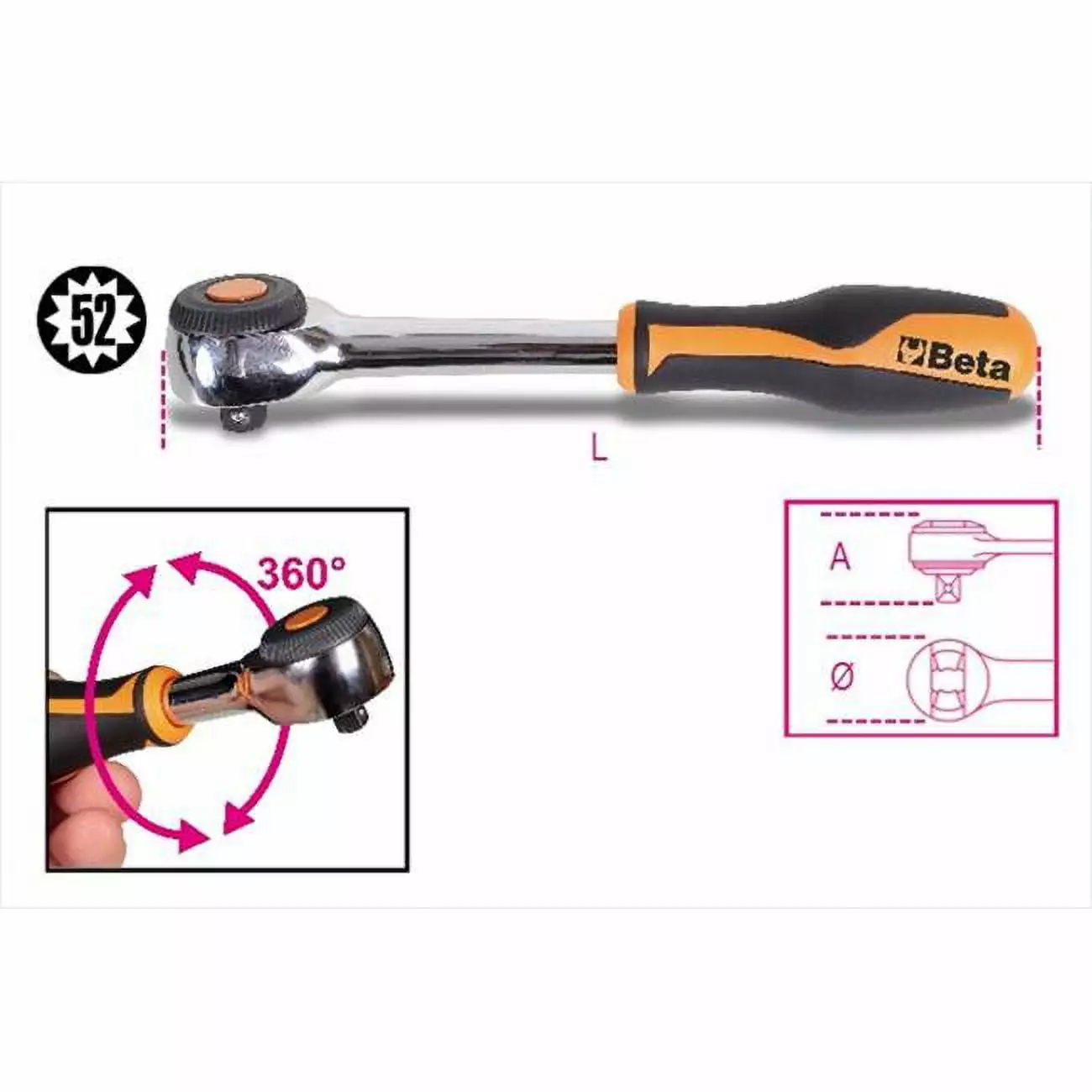 Beta Tools 920 & 58 - 0.5 in. Drive Reversible Ratchet With Rotating Handle