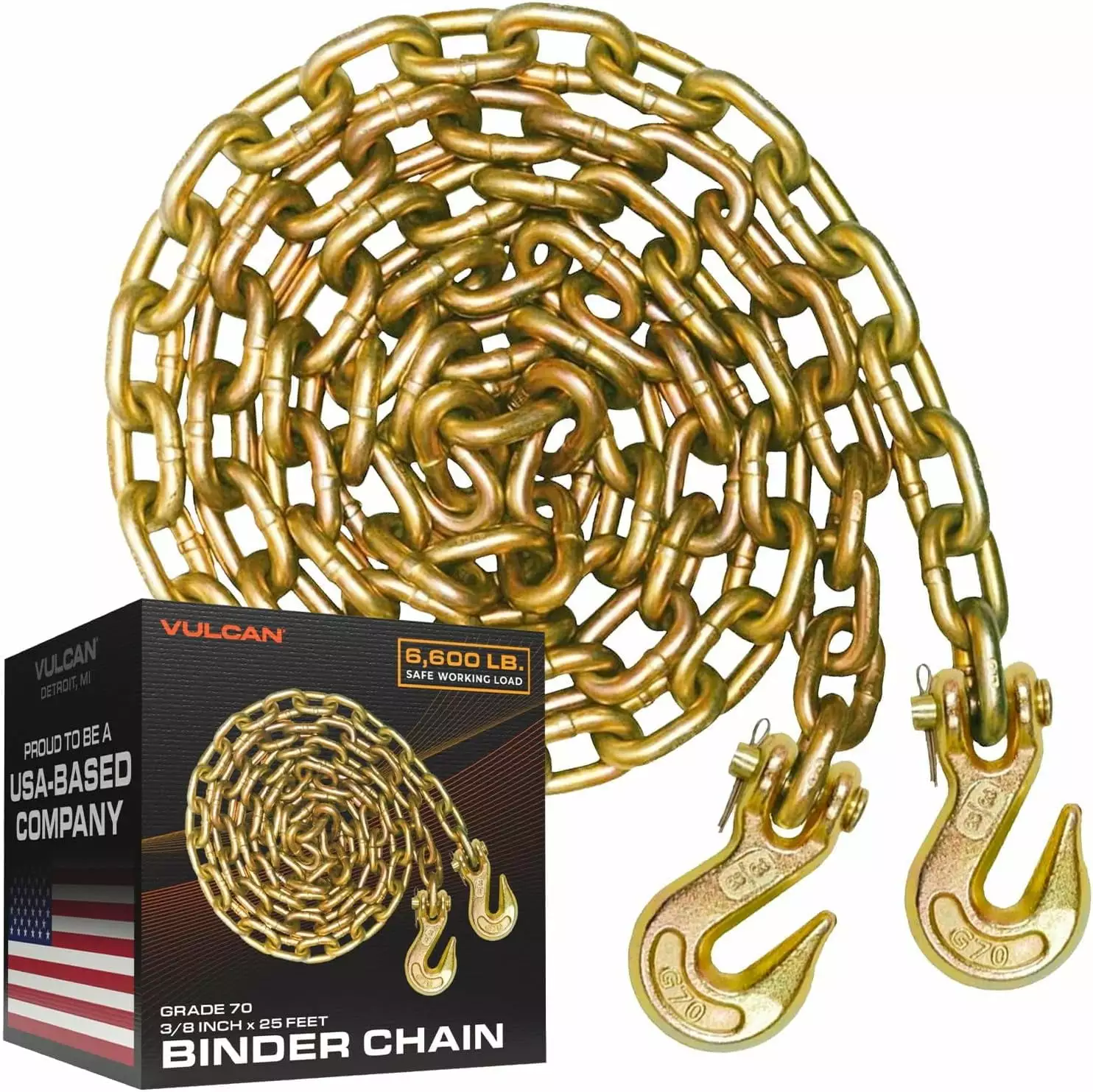 Binder Chain with Clevis Grab Hooks - Grade 70-3/8 Inch x 25 Foot - 6.600 Pound Safe Working Load