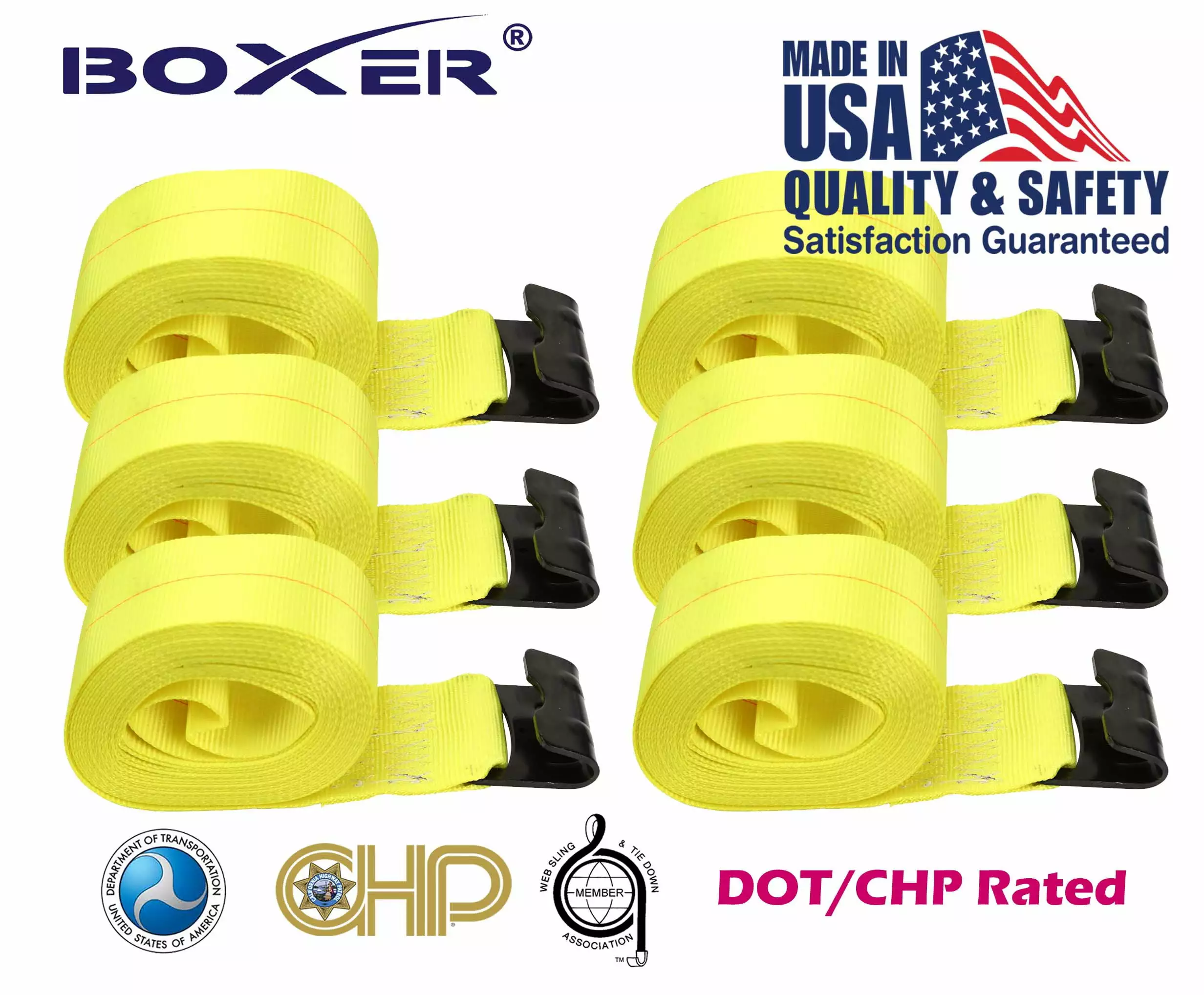 Boxer (6) DOT Reflective 4 X 30' Winch Straps W/ Flat Hook Flatbed Truck Trailer Tie Down 5400 LB US Made