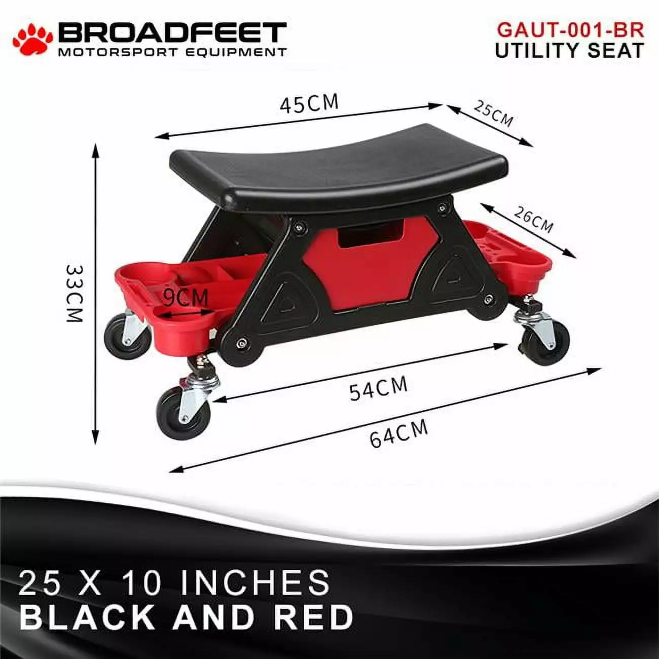 Broadfeet Motorsports Equipment GAUT-001-BR Mechanic Utility Multifunctional Garage Stool. Black & Red