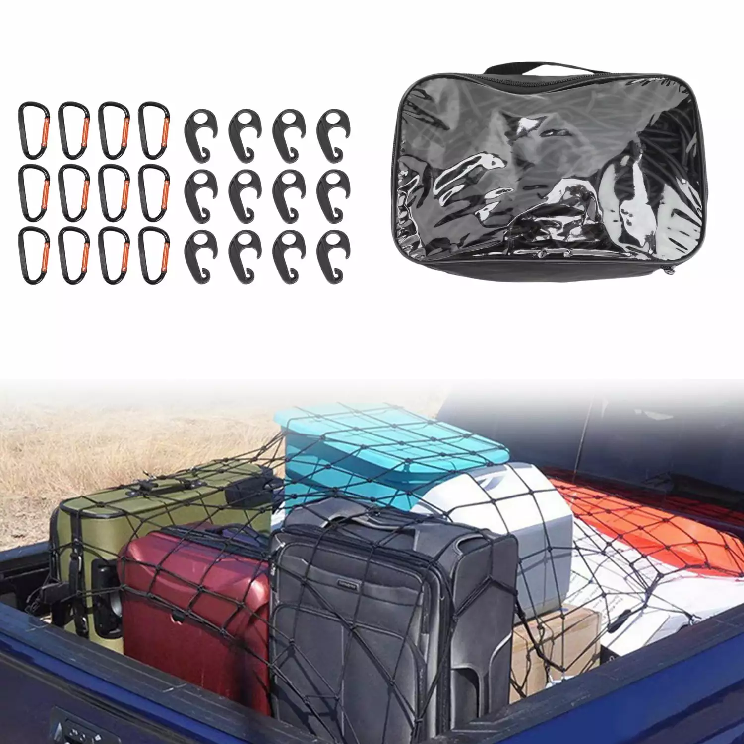 Bungee Cargo Net Truck Bed Net for Pickup Trailer RV SUV Boat. 12 Tangle Free Carabiners & 12 Plastic Hooks. Storage Bag