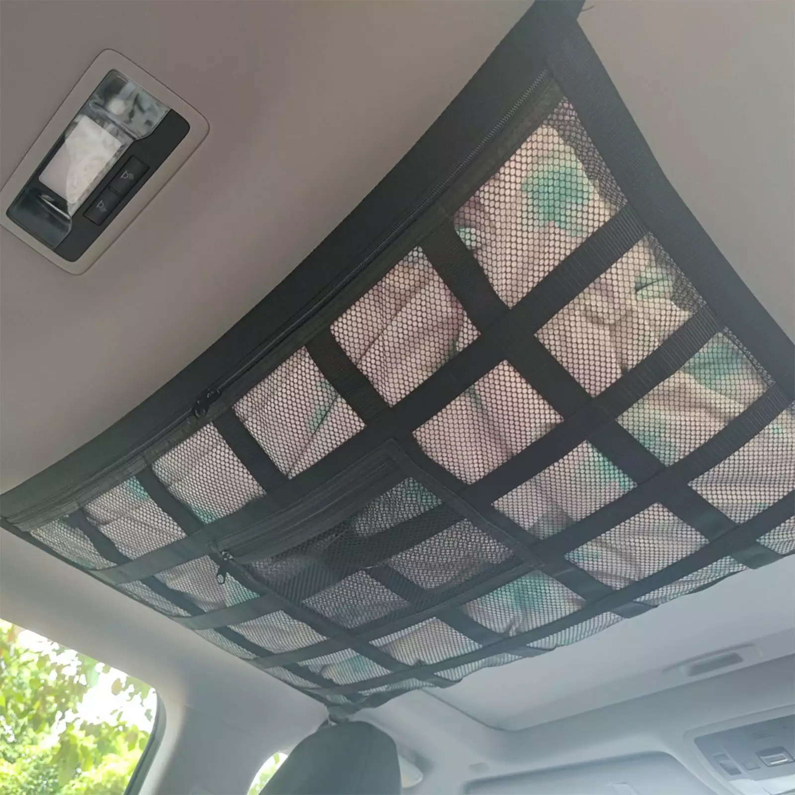 COFEST Car Ceiling Cargo Net Pocket. Double-Layer Mesh Car Roof Storage Organizer. Truck SUV Travel Long Road Trip Camping Interior Accessories Black