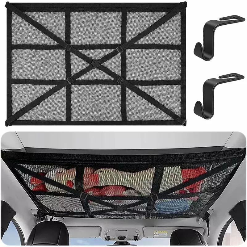 Car Roof Storage Net 90cmx65cm Universal Luggage Bag for Travel and Organizer Four Roof Armrests for SUV. Van