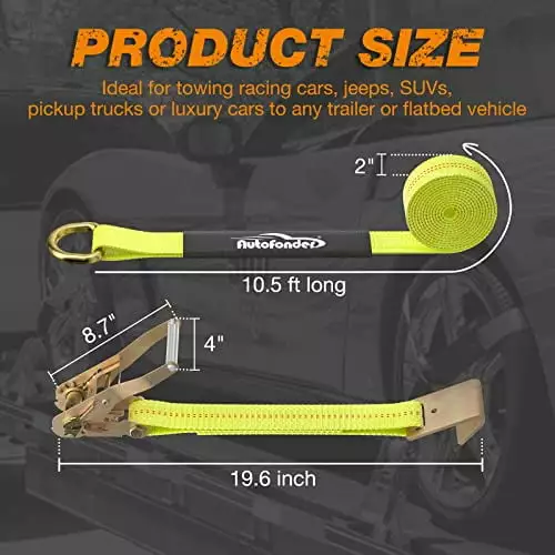 Car Tie Down with Flat Hooks 2inx10ft-10.000lbs Break Strength-4 Pack Lasso Ratchet Tie Down Straps Heavy Duty Vehicle Tire Strap for Truck. Cars. Trailer & More