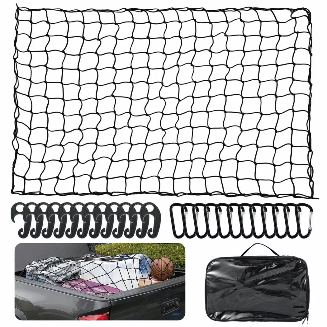 Cargo Net for Pickup Truck. Stretchable Cargo Net with 12 Carabiners. 4 x 6 Ft Stretches to 12 x 18 Ft Cargo Net. Elastic Latex Netting for Truck Beds. Trunks. Trailers. Roof Racks