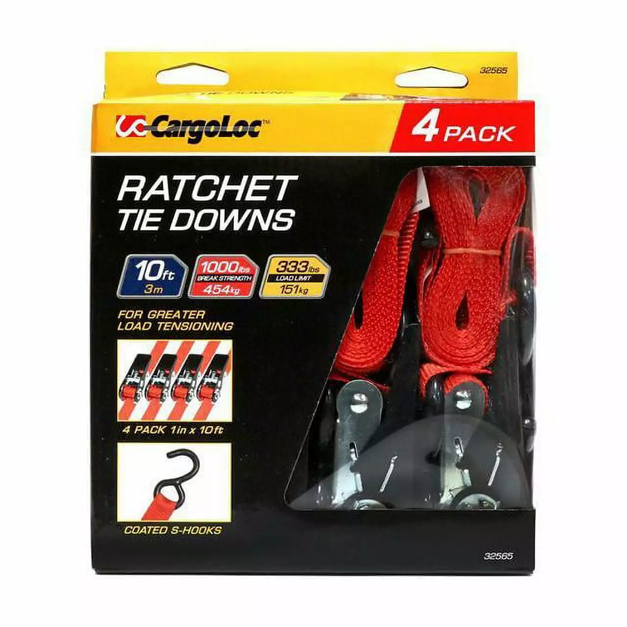 CargoLoc Ratchet Tie Downs 32565 4 Pc. 1 x 10' x 1.000 lbs - S-Hooks. Window Box