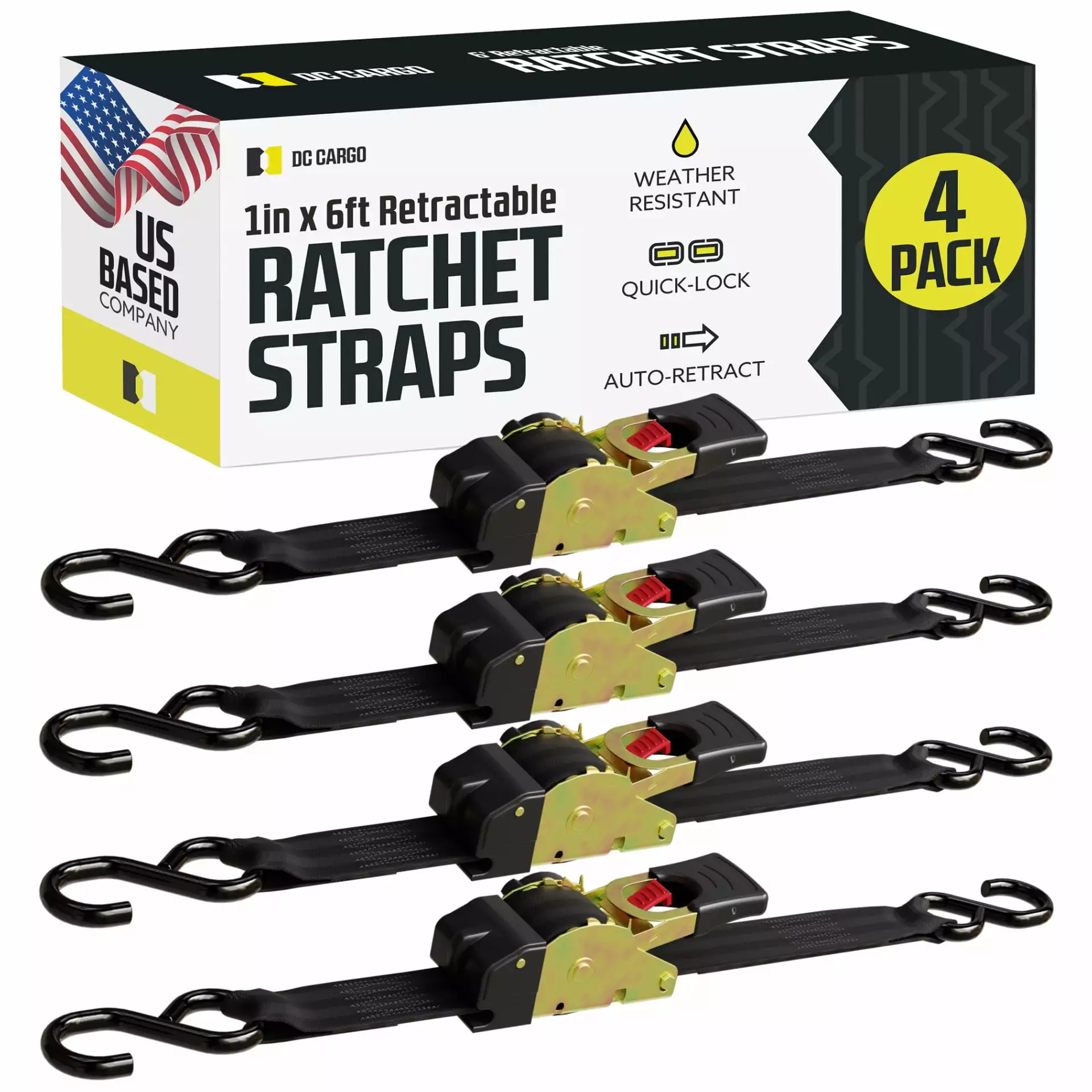 DC Cargo Retractable Ratchet Straps 4 pack with Hooks. 1 x 6' ratchet strap