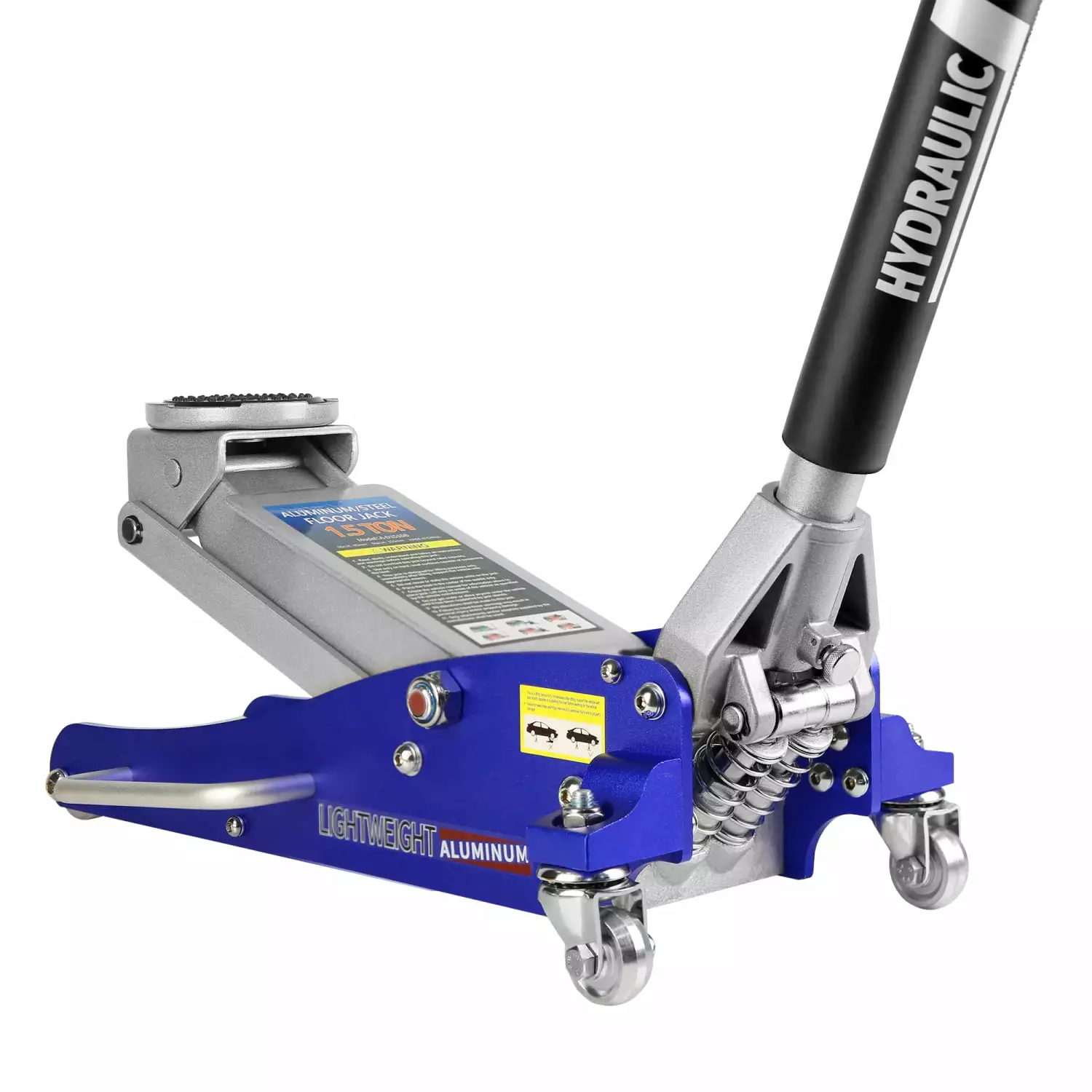 Efficient and durable high capacity racing floor jack - Effortless lifting with low profile design and dual piston quick lift pump. Blue aluminum and steel construction able to lift 1.5