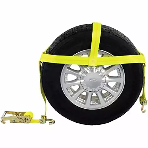 FENG20 Wheel Bonnet with Swivel Hooks and Ratchet. 2-Inch Wide Yellow Wheel Strap to Secure Vehicle for Transport. Strong and Durable Webbing. 2.200 Pound Working Load Limit