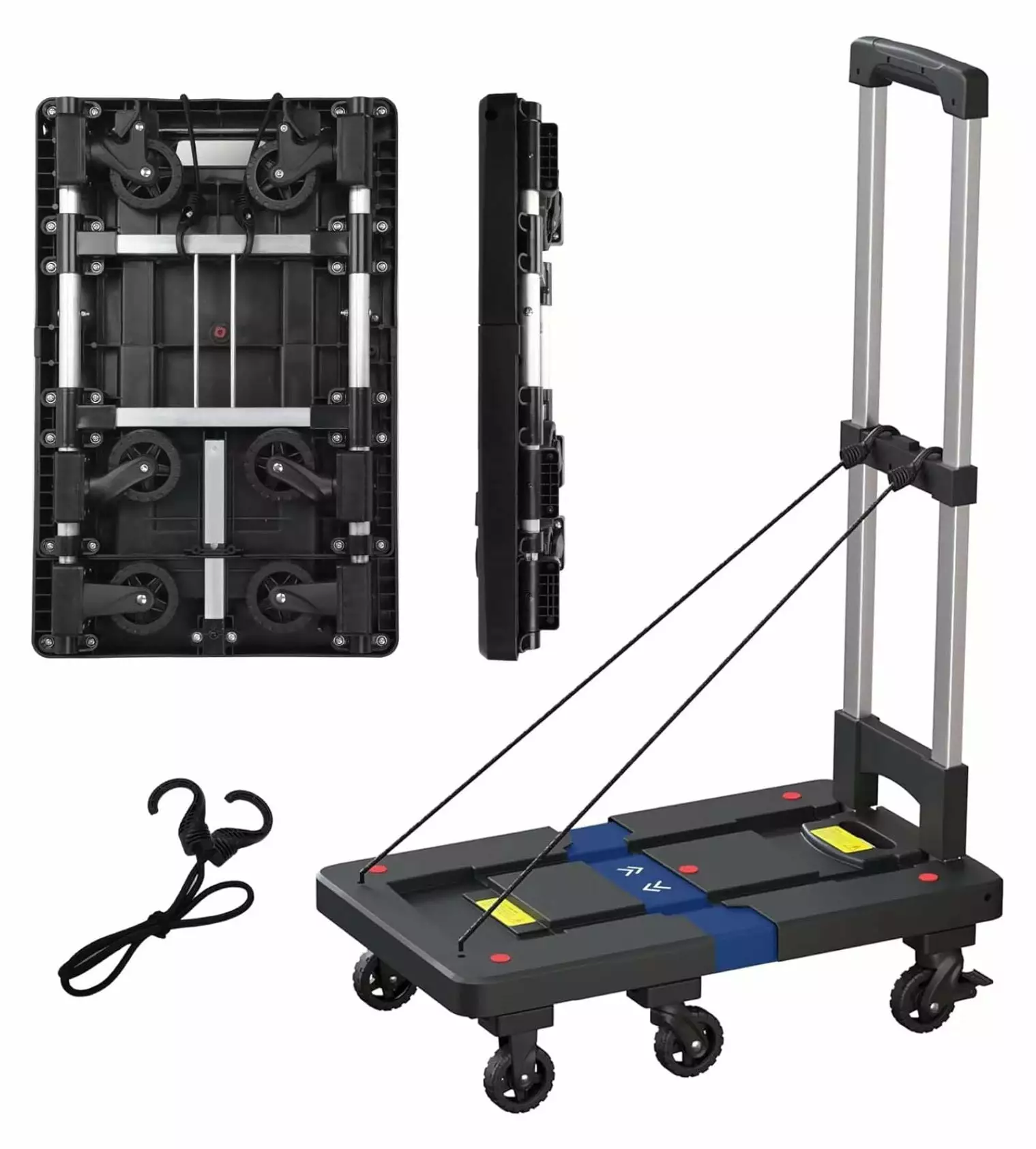 Folding Hand Truck Dolly. 650 LBS Portable Shopping Carts with 6 Foldable Wheels (2 Brake Wheels) & 2 Elastic Ropes. Utility Cart Heavy Duty for Travel. Moving. Airport. Office Use