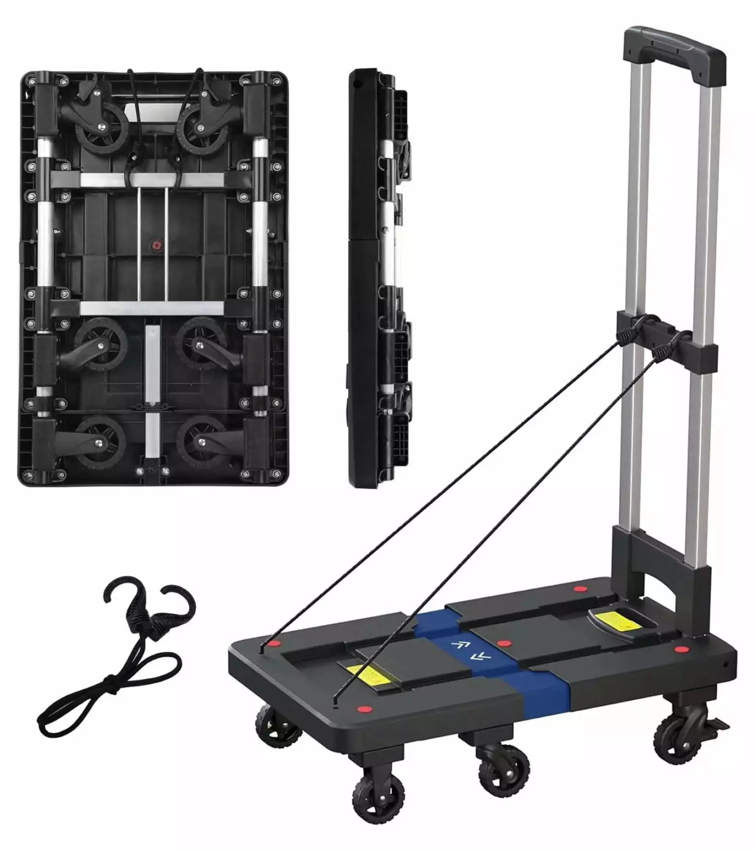 Folding Hand Truck Dolly. 650 LBS Portable Shopping Carts with 6 Foldable Wheels (2 Brake Wheels) & 2 Elastic Ropes. Utility Cart Heavy Duty for Travel. Moving. Airport. Office Use